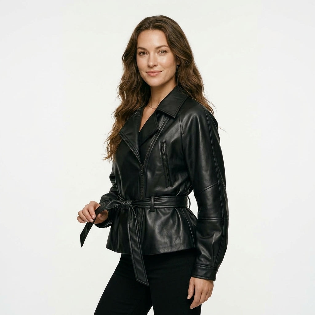 HH Women Fashion Black Short Faux Leather Trench Coat Long Sleeve Lapel Jacket With Belt Vintage Lady Motorcycle Jacket Outwear