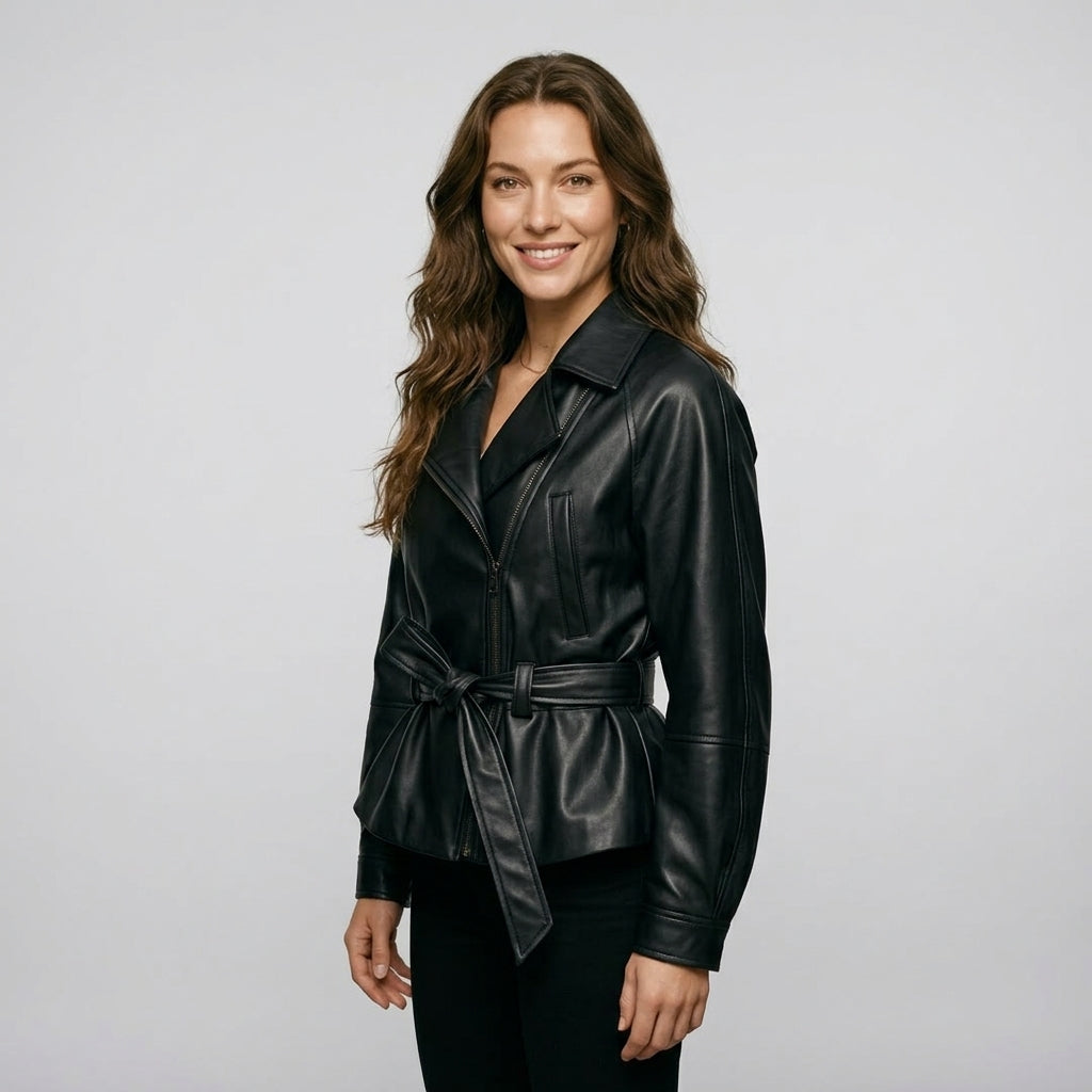 HH Women Fashion Black Short Faux Leather Trench Coat Long Sleeve Lapel Jacket With Belt Vintage Lady Motorcycle Jacket Outwear