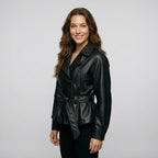 HH Women Fashion Black Short Faux Leather Trench Coat Long Sleeve Lapel Jacket With Belt Vintage Lady Motorcycle Jacket Outwear
