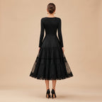 Women Elegant Long Sleeve Midi Dress, Crew Neck High Waist Tiered Lace Ruffle A‑Line Cocktail Party Dress Formal Wedding Guest Evening Dresses