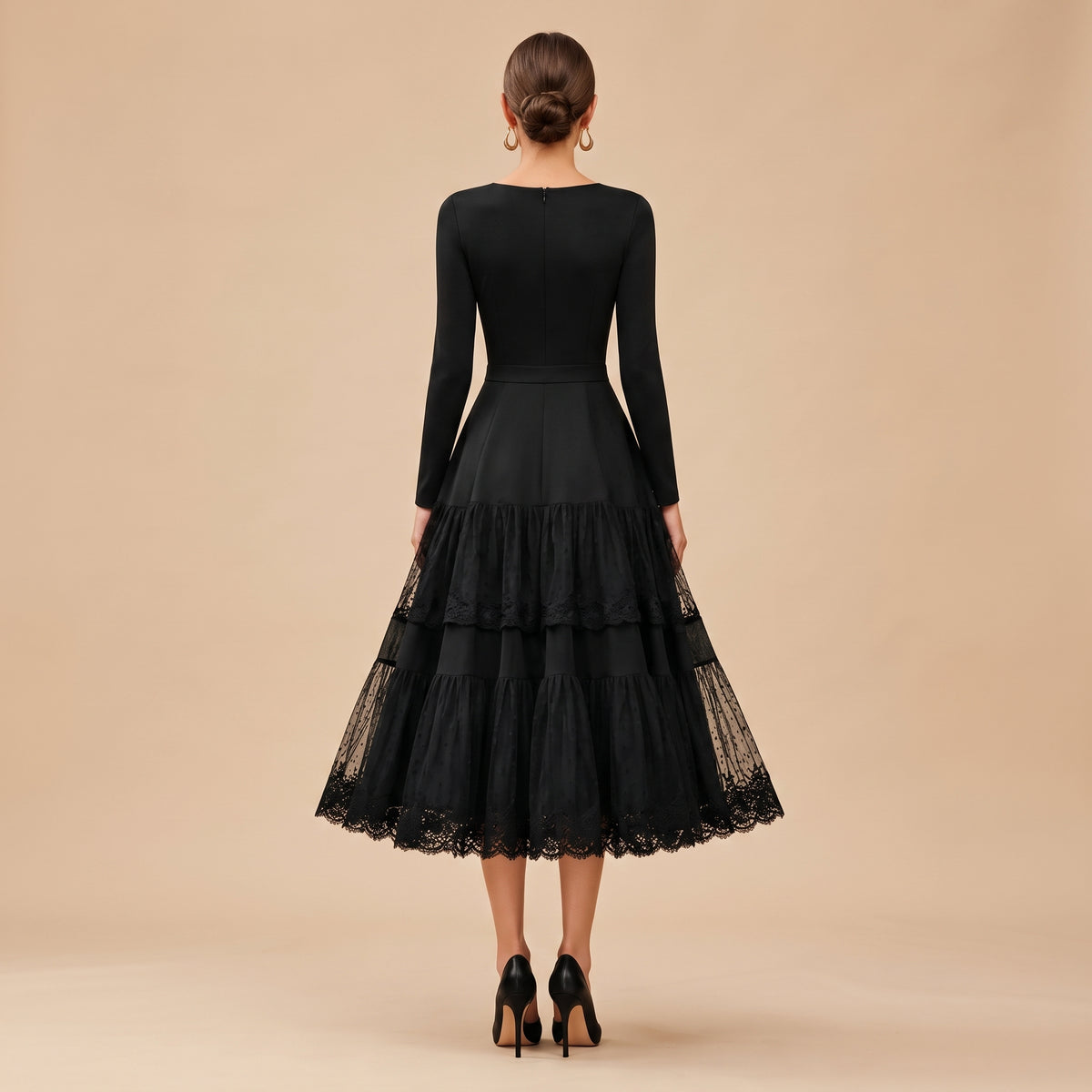 Women Elegant Long Sleeve Midi Dress, Crew Neck High Waist Tiered Lace Ruffle A‑Line Cocktail Party Dress Formal Wedding Guest Evening Dresses
