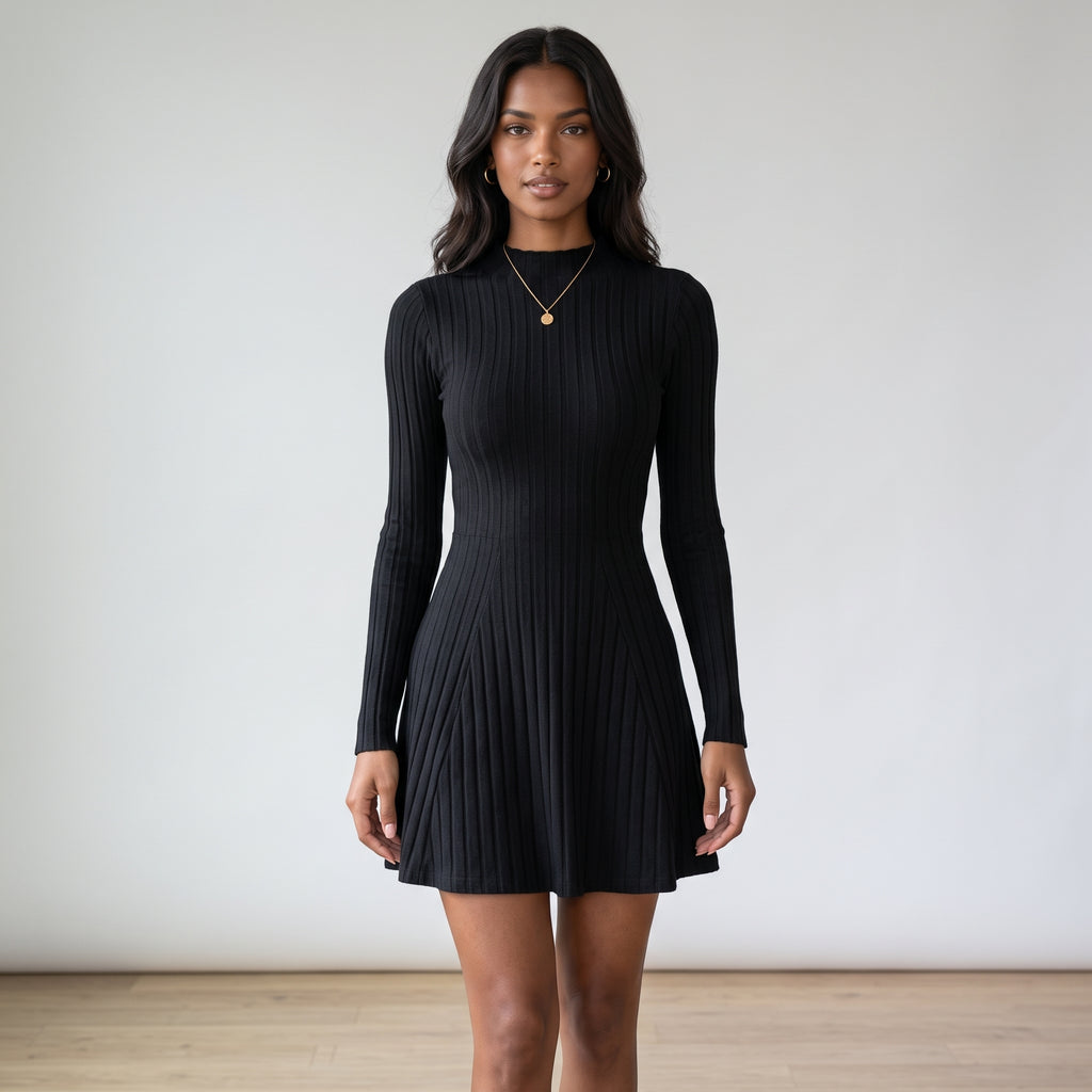 Women's Slim Fit Half High Collar Waist Cinched A-Line Skirt Long Sleeved Pit Stripe Dress