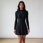 Women's Slim Fit Half High Collar Waist Cinched A-Line Skirt Long Sleeved Pit Stripe Dress