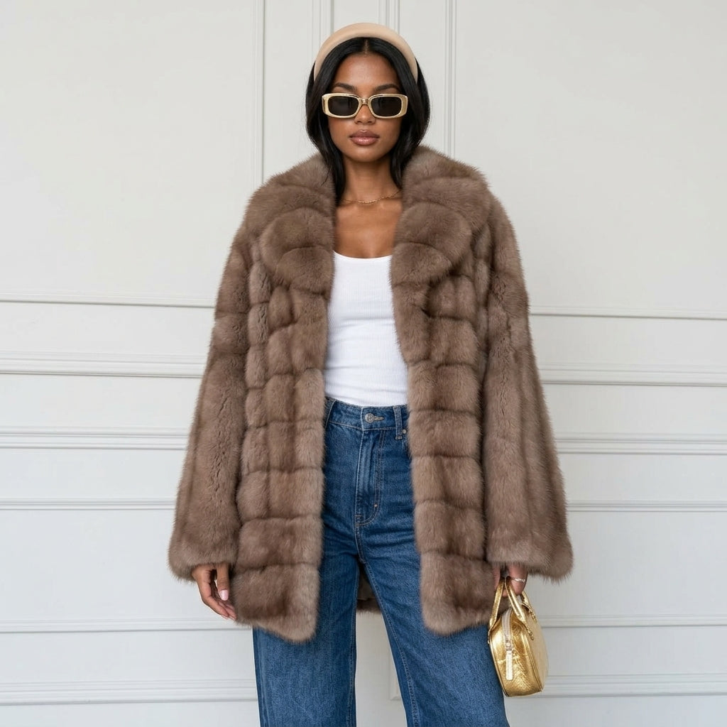 Fashion Solid Fake Fur Coat Women Lapel Waist Cinching Long Sleeve Hidden Button Coats Lady 2025 New Winter High Street Outwear