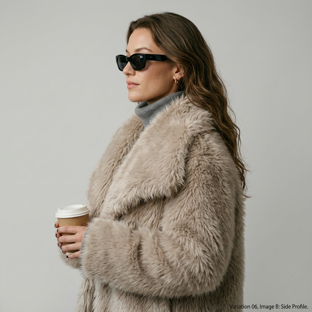 HH Women Fashion Cropped Faux Fur Jacket Coat Long Sleeve Front Snap-button Female Outerwear Chic Lapel Collar Thick Coat