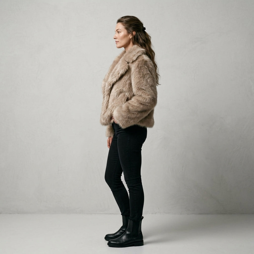 HH Women Fashion Cropped Faux Fur Jacket Coat Long Sleeve Front Snap-button Female Outerwear Chic Lapel Collar Thick Coat