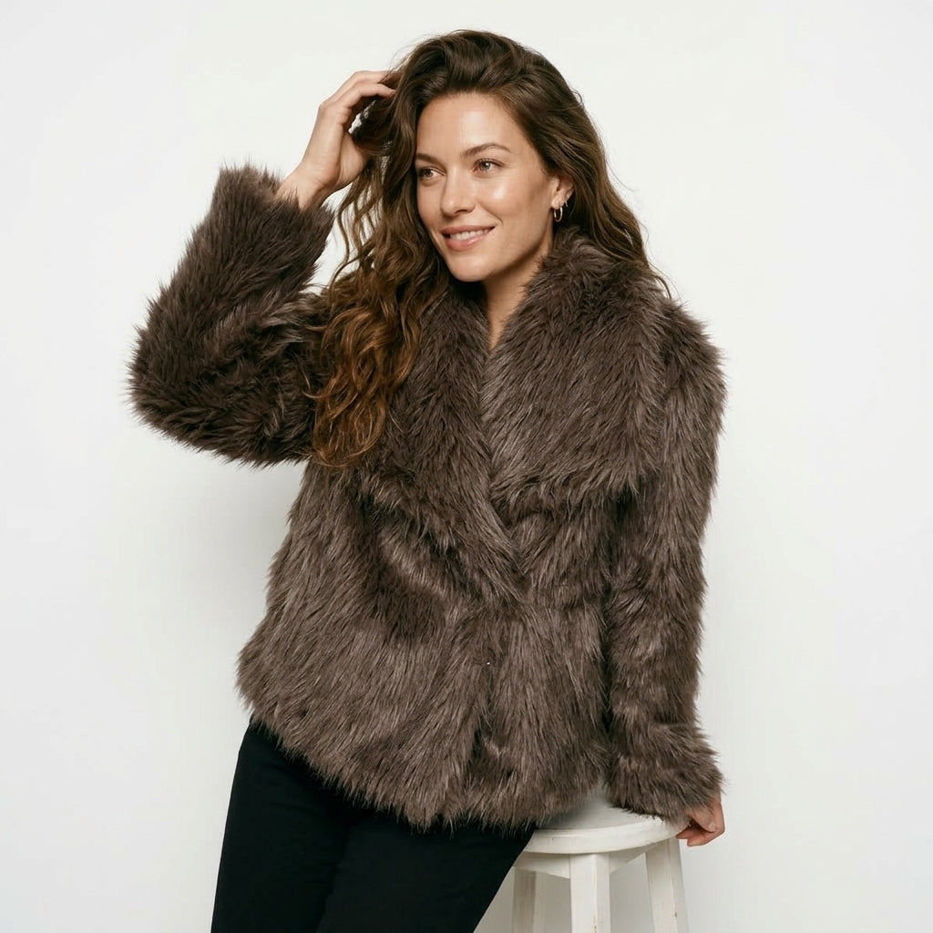 HH Women Fashion Cropped Faux Fur Jacket Coat Long Sleeve Front Snap-button Female Outerwear Chic Lapel Collar Thick Coat