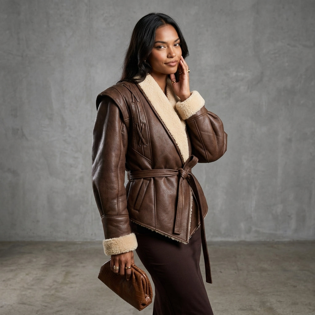 Leather Jackets Women's With Belt Fur Coat Streetwear Fashion Solid Outwear Woman Elegant Jackets Chaqueta De Cuero Para Mujer