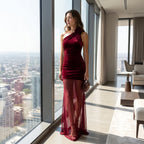 FL Off Shoulder See Through Dress Solid High Waist Patchwork Backless Slim Long Dress Women Vacation Party Evening Dresses New