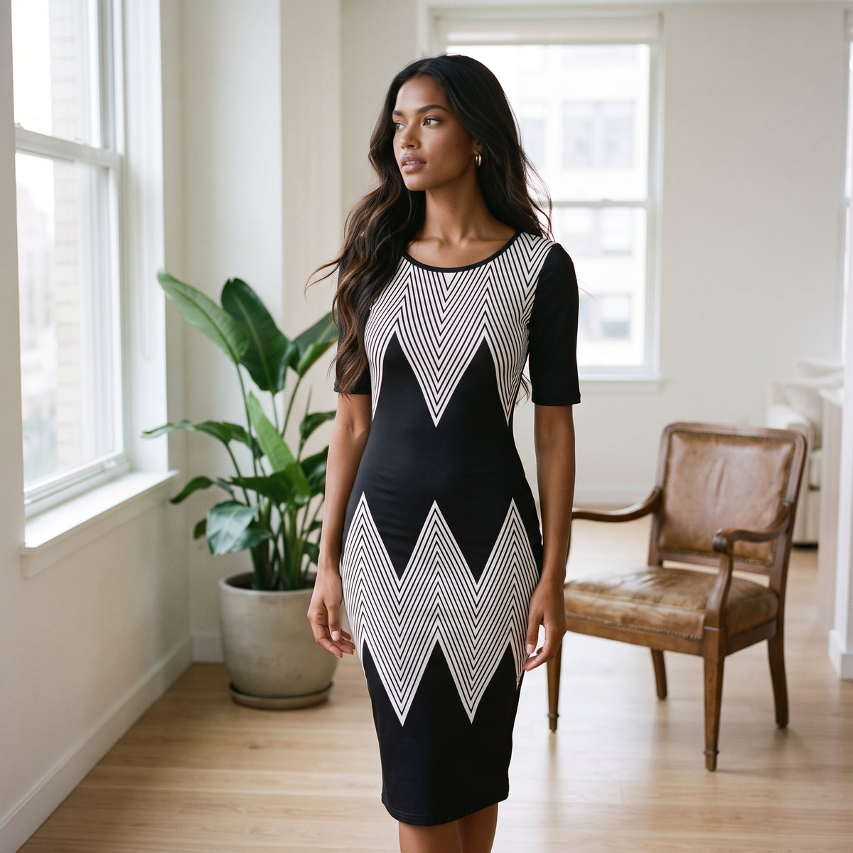 Slimming round Neck Short Sleeve Dress Waist Cinching Mid-Career Long Hip Hugging Fashionable Workwear