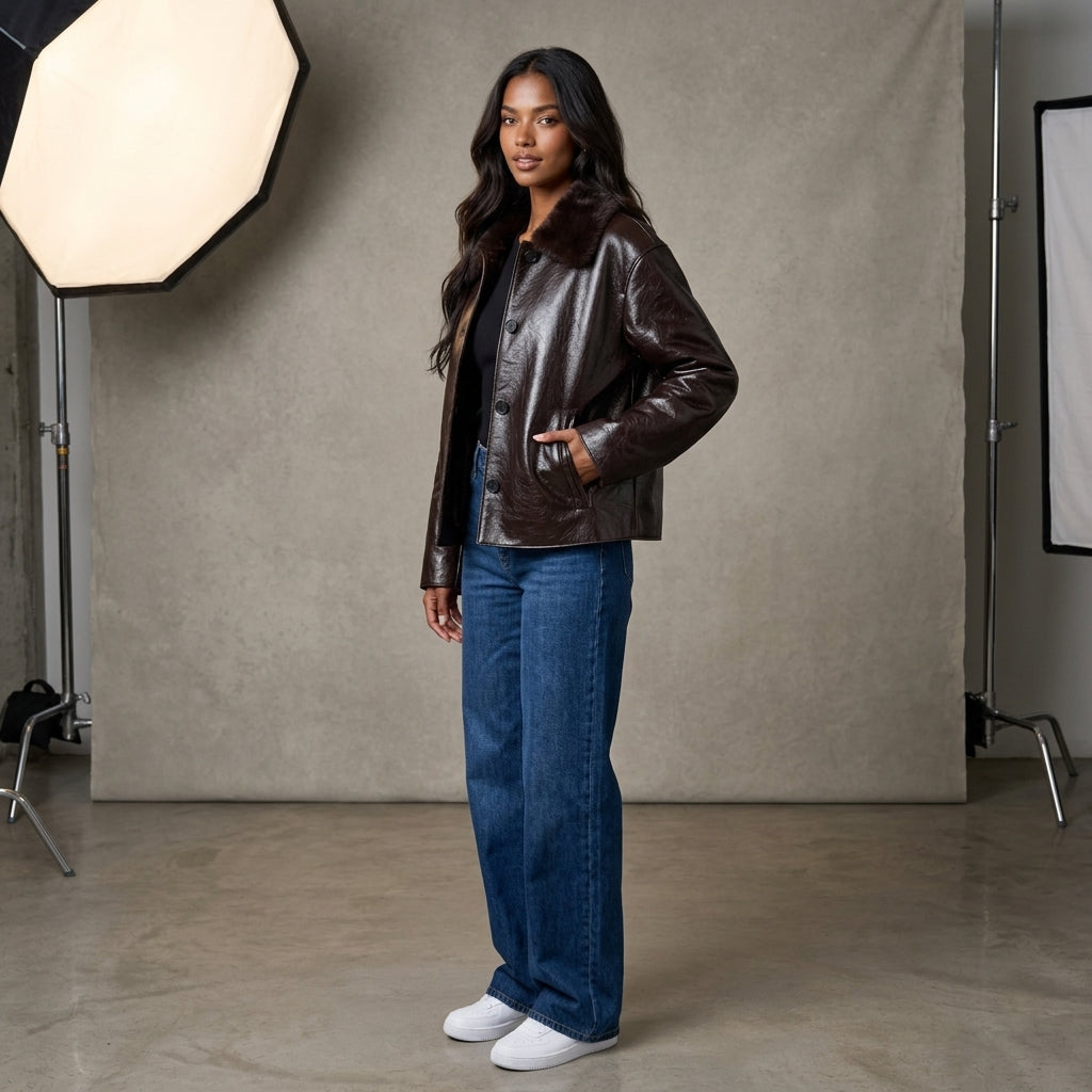 Women's Jacket 2025 Autumn/Winter New Arrivals Dark Brown Long-Sleeve Faux Leather Reversible Jacket Stylish and Unique