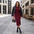 Women's Solid Color Round Neck Belted Slit Hem Midi Dress Casual Long Sleeve Shift Office Autumn