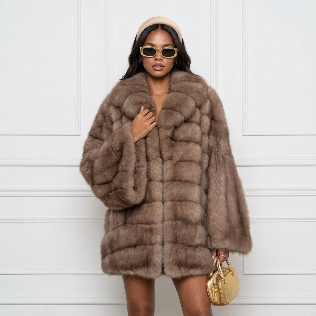 Fashion Solid Fake Fur Coat Women Lapel Waist Cinching Long Sleeve Hidden Button Coats Lady 2025 New Winter High Street Outwear