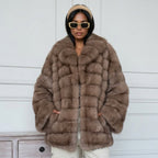 Fashion Solid Fake Fur Coat Women Lapel Waist Cinching Long Sleeve Hidden Button Coats Lady 2025 New Winter High Street Outwear