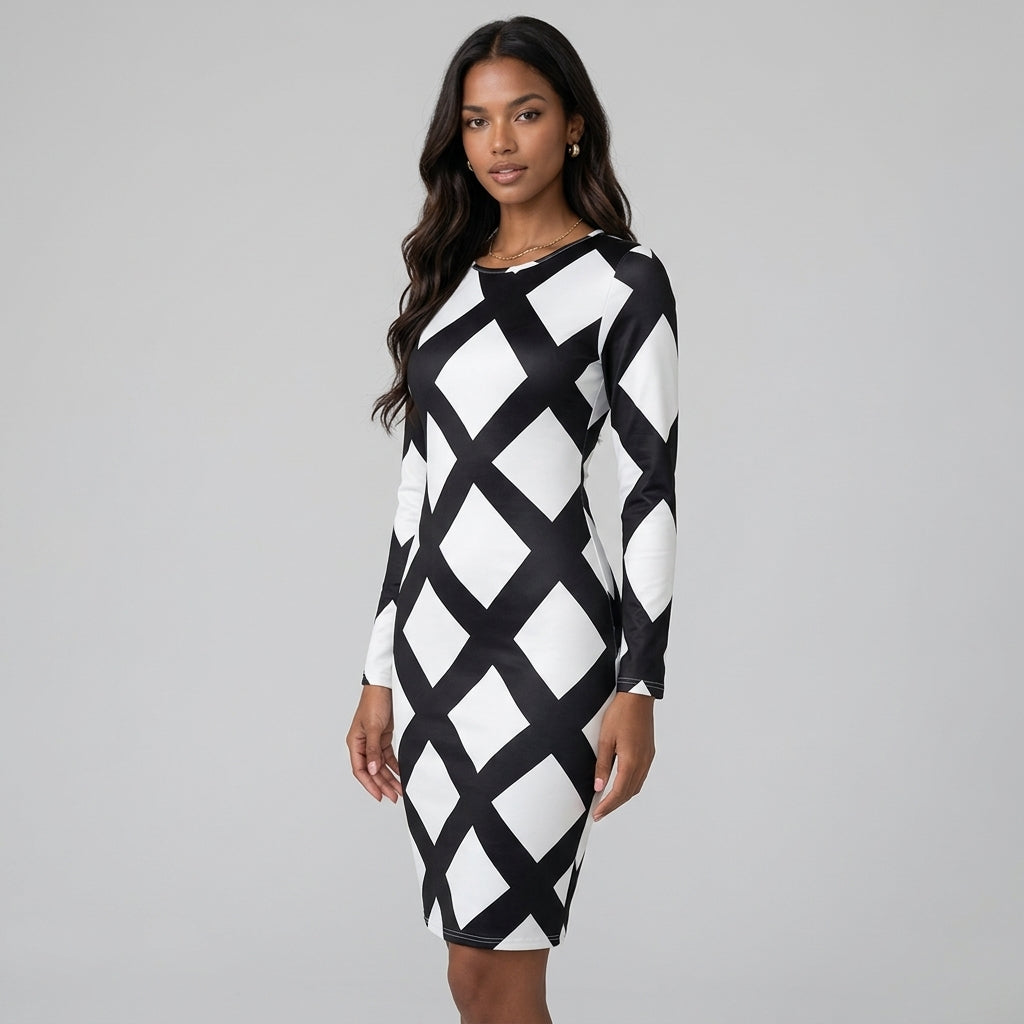 Women Black White Diamond Plaid Long Sleeve Bodycon Midi Dress Round Neck Slim Fit Evening Club Party Sheath Pencil Dress