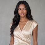 Women'S New V-Neck Short Sleeve Pleated Waist Button-Decorated Side Slit Fitted Dress Satin Dress Elegant Women'S Dress Champagn