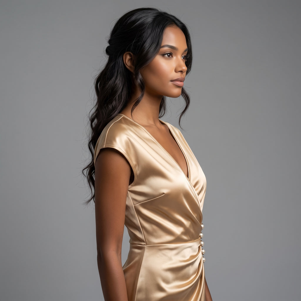 Women'S New V-Neck Short Sleeve Pleated Waist Button-Decorated Side Slit Fitted Dress Satin Dress Elegant Women'S Dress Champagn