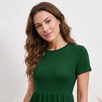 Elastic Waist Short Sleeve Dress Knitted Round Neck Short Sleeve Dress