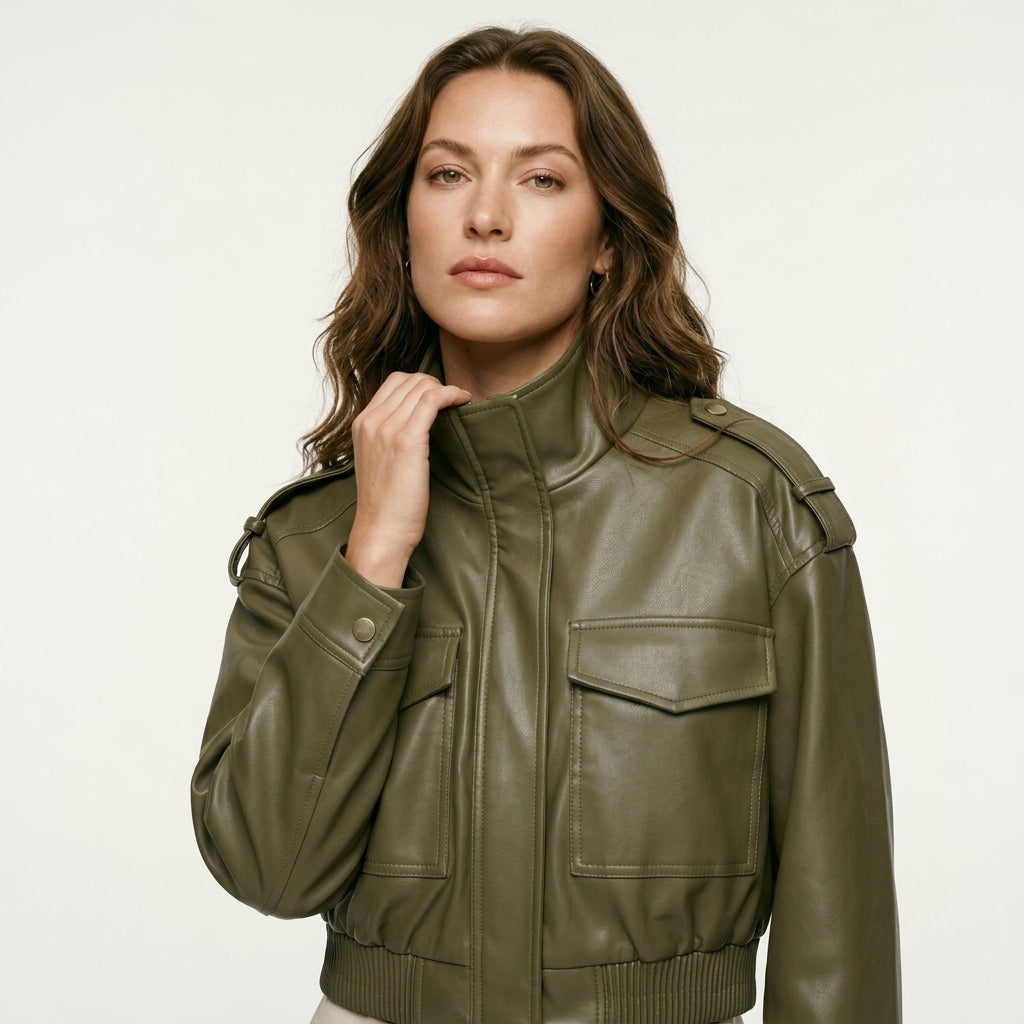 MUJER Faux Leather Cropped Jacket Women Bomber Demi-season Jackets for Women Long Sleeve Women's Coats Zip Overcoat Jacket Women