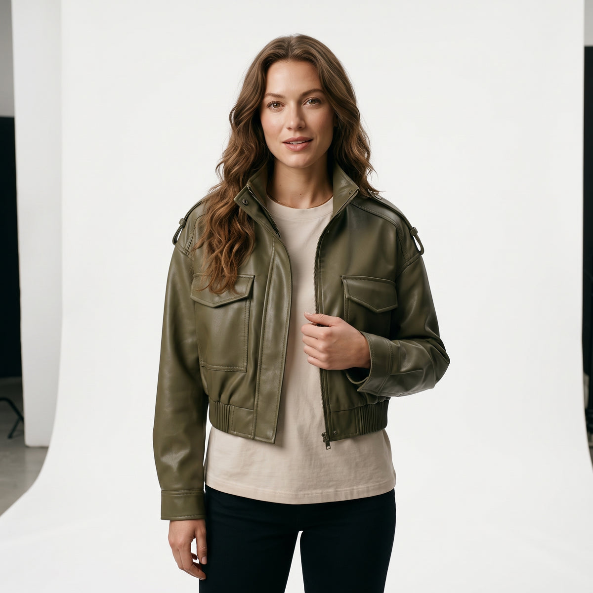 MUJER Faux Leather Cropped Jacket Women Bomber Demi-season Jackets for Women Long Sleeve Women's Coats Zip Overcoat Jacket Women