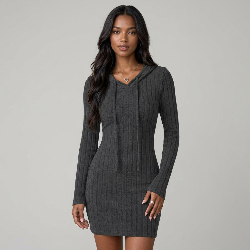 Trendy Ribbed Knitted Hooded Slim Fit Dress with Drawstring - Comfortable Casual Style for Women