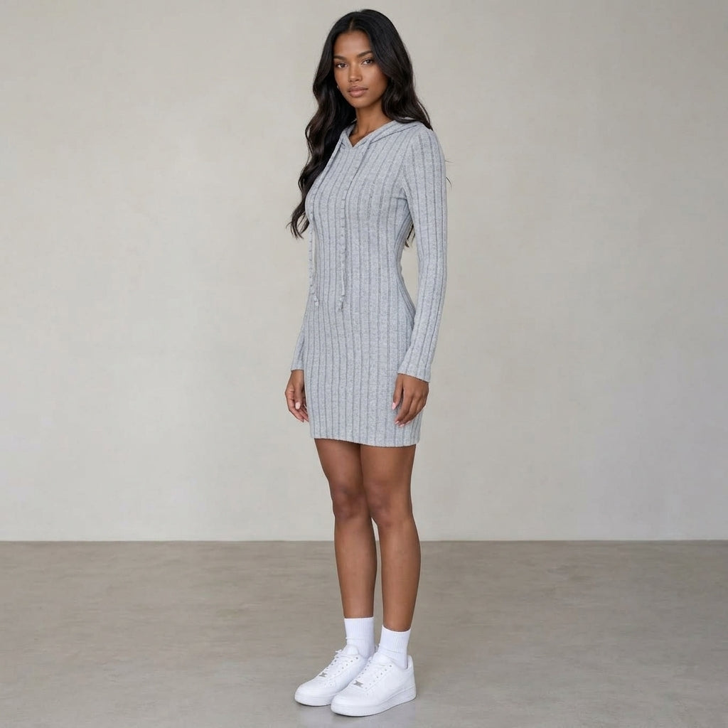 Trendy Ribbed Knitted Hooded Slim Fit Dress with Drawstring - Comfortable Casual Style for Women
