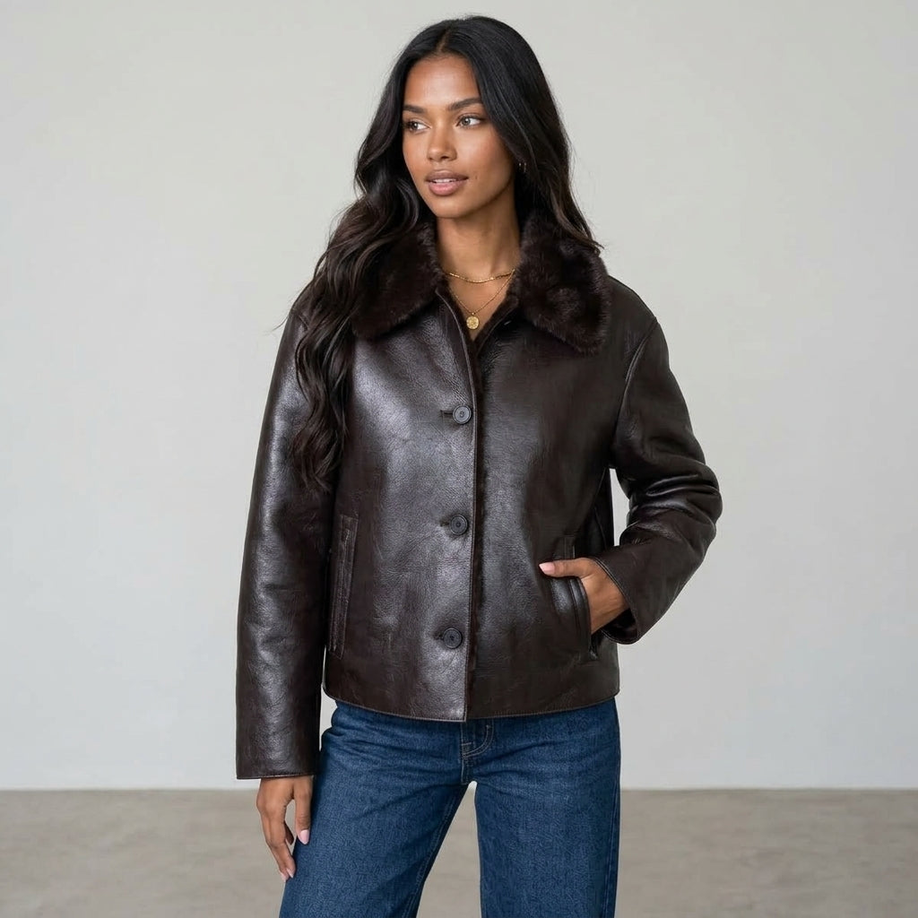 Women's Jacket 2025 Autumn/Winter New Arrivals Dark Brown Long-Sleeve Faux Leather Reversible Jacket Stylish and Unique