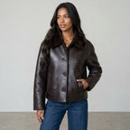Women's Jacket 2025 Autumn/Winter New Arrivals Dark Brown Long-Sleeve Faux Leather Reversible Jacket Stylish and Unique