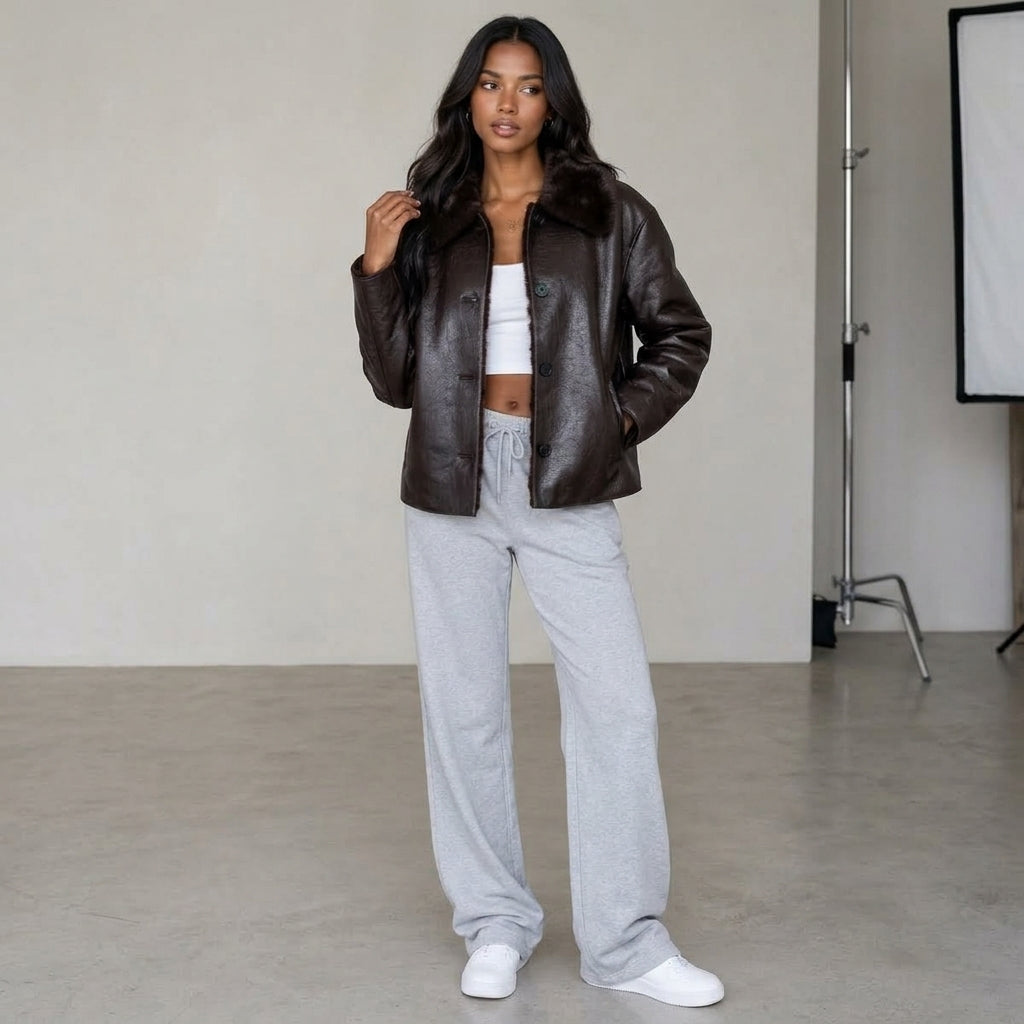 Women's Jacket 2025 Autumn/Winter New Arrivals Dark Brown Long-Sleeve Faux Leather Reversible Jacket Stylish and Unique