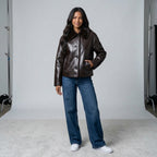 Women's Jacket 2025 Autumn/Winter New Arrivals Dark Brown Long-Sleeve Faux Leather Reversible Jacket Stylish and Unique