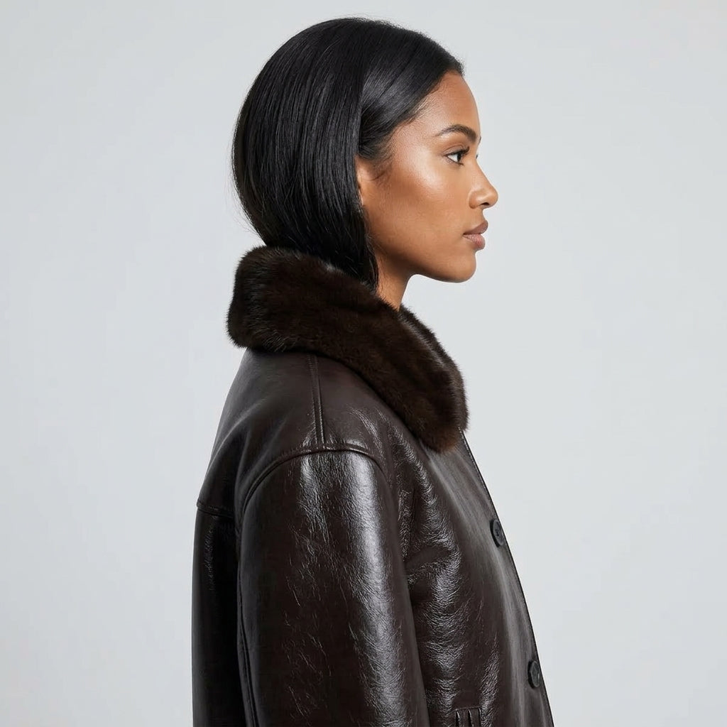 Women's Jacket 2025 Autumn/Winter New Arrivals Dark Brown Long-Sleeve Faux Leather Reversible Jacket Stylish and Unique
