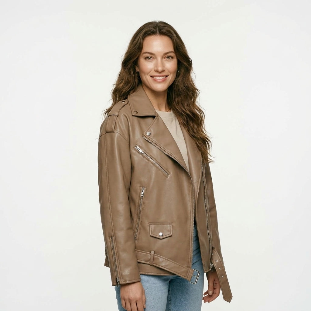 Ailegogo Women Loose Motorcycle Biker Black Pu Faux Leather Jacket with Belt Spring Autumn Female Zipper Coat Outwear