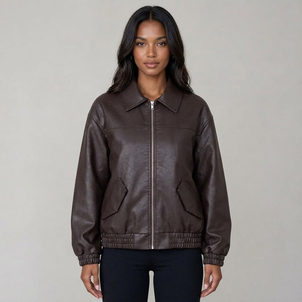 Ailegogo Streetwear Women Retro Loose Short Pu Faux Leather Jacket Spring Autumn Female Zipper Coat Vintage Moto Biker Outwear