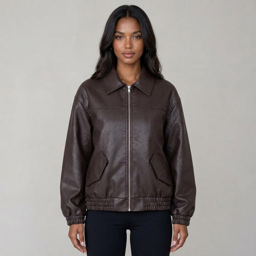 Ailegogo Streetwear Women Retro Loose Short Pu Faux Leather Jacket Spring Autumn Female Zipper Coat Vintage Moto Biker Outwear