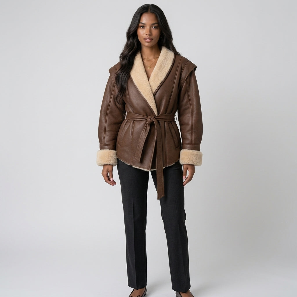 Leather Jackets Women's With Belt Fur Coat Streetwear Fashion Solid Outwear Woman Elegant Jackets Chaqueta De Cuero Para Mujer