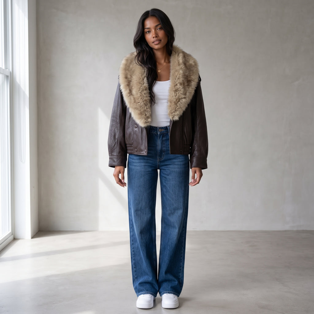 TFMLN 2025 Winter Women Loose Faux Leather Jacket Fashion Removed Big Fur Collar Causal Coat High Street Double Breasted Outwear