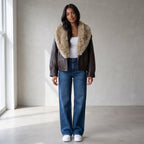 TFMLN 2025 Winter Women Loose Faux Leather Jacket Fashion Removed Big Fur Collar Causal Coat High Street Double Breasted Outwear