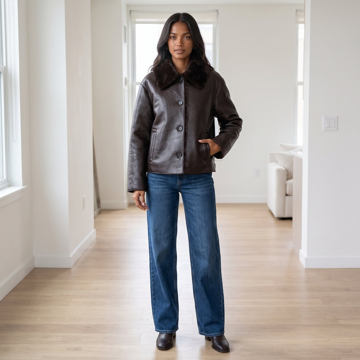 Women's Jacket 2025 Autumn/Winter New Arrivals Dark Brown Long-Sleeve Faux Leather Reversible Jacket Stylish and Unique