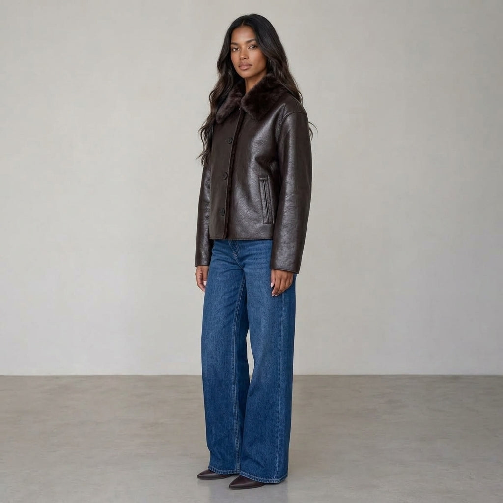 Women's Jacket 2025 Autumn/Winter New Arrivals Dark Brown Long-Sleeve Faux Leather Reversible Jacket Stylish and Unique