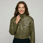 MUJER Faux Leather Cropped Jacket Women Bomber Demi-season Jackets for Women Long Sleeve Women's Coats Zip Overcoat Jacket Women