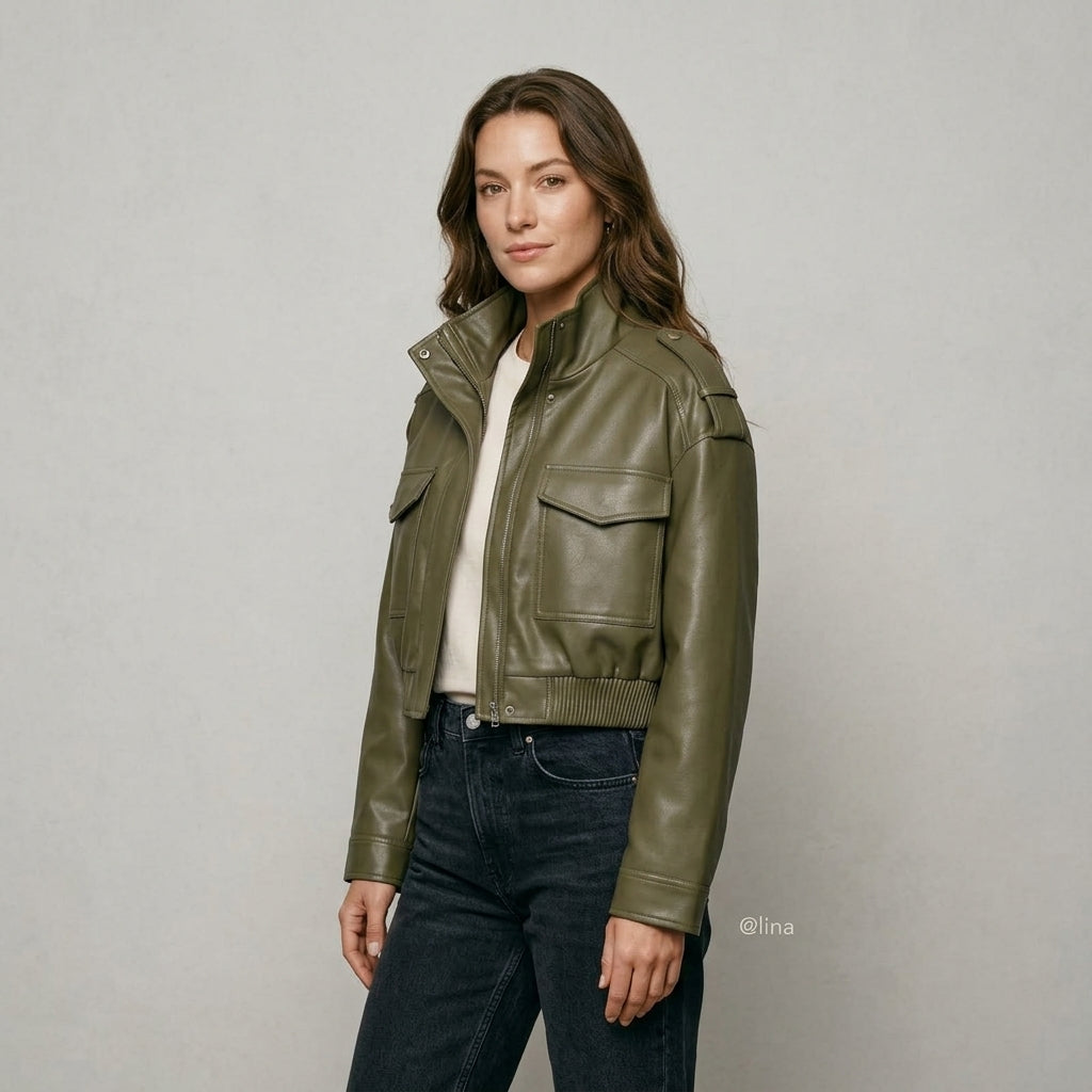 MUJER Faux Leather Cropped Jacket Women Bomber Demi-season Jackets for Women Long Sleeve Women's Coats Zip Overcoat Jacket Women