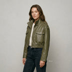 MUJER Faux Leather Cropped Jacket Women Bomber Demi-season Jackets for Women Long Sleeve Women's Coats Zip Overcoat Jacket Women