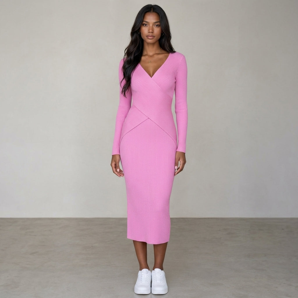 YuooMuoo Autumn Winter 2025 Women Dress Elegant Cross V-neck Slim Waist Knitted Bodycon Dress Korean Office Lady Vestidos