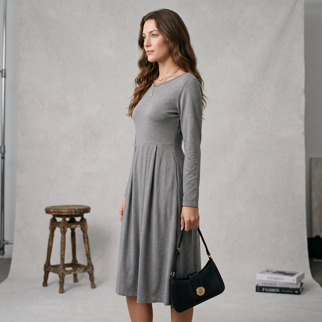 Women's Casual Long Sleeve Midi Dress with Pockets – Versatile for Every Occasion