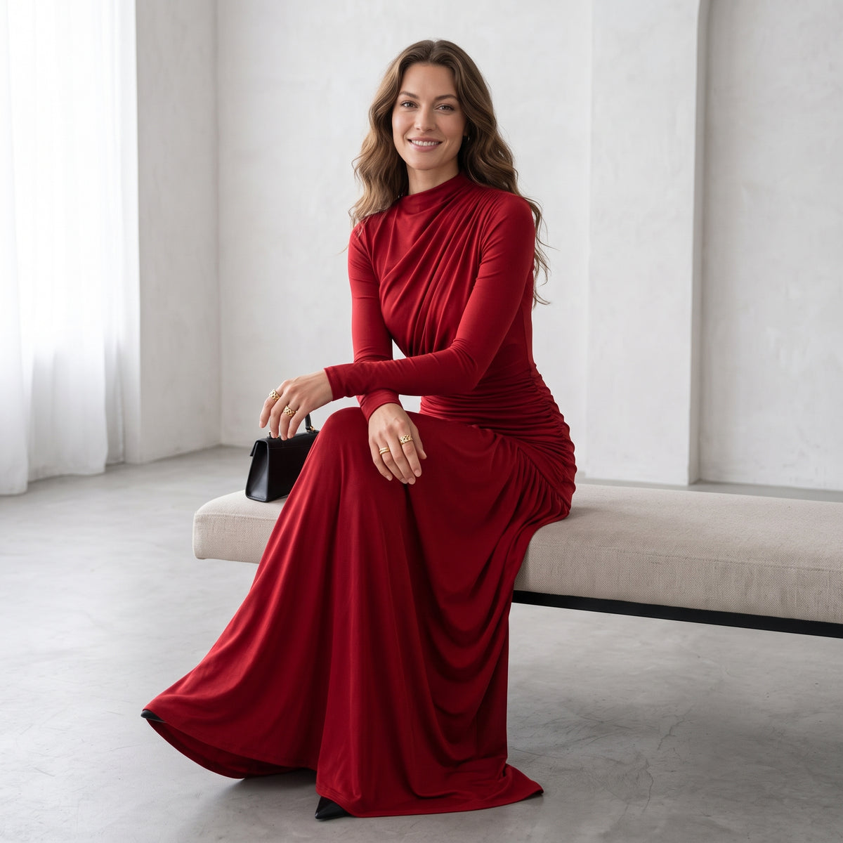 Sisterlinda Folds Maxi Dress Women O-Neck Full Sleeve Solid Banquet Elegant Vacation Fashion Autumn Skinny Casual Simple Vestido