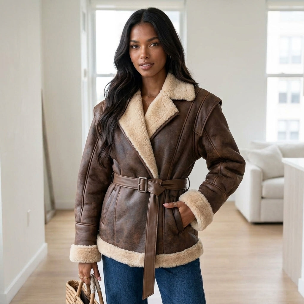 Leather Jackets Women's With Belt Fur Coat Streetwear Fashion Solid Outwear Woman Elegant Jackets Chaqueta De Cuero Para Mujer
