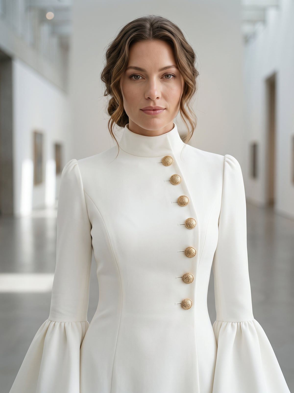 Autumn temperament slim solid colour stand-up collar flared sleeve single-breasted suit dress