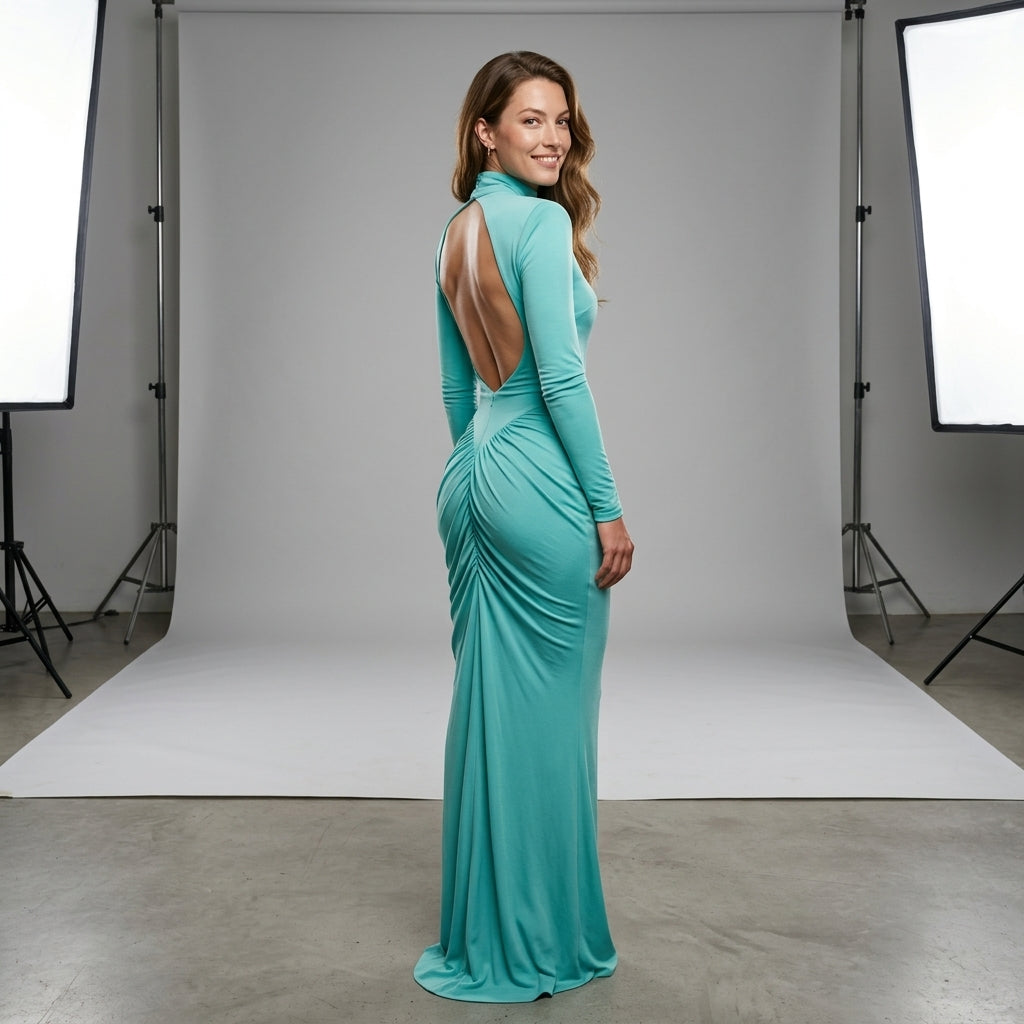 Weird Puss Autumn New Style Maxi Dress Women Turtleneck Full Sleeve Backless Skinny Stretch  Prom Party Ruched Elegant Vestidos