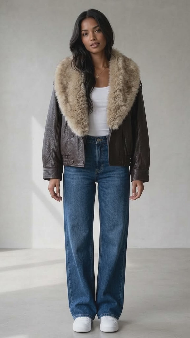 TFMLN 2025 Winter Women Loose Faux Leather Jacket Fashion Removed Big Fur Collar Causal Coat High Street Double Breasted Outwear