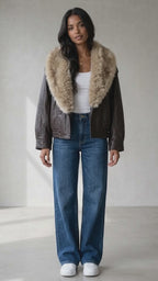TFMLN 2025 Winter Women Loose Faux Leather Jacket Fashion Removed Big Fur Collar Causal Coat High Street Double Breasted Outwear